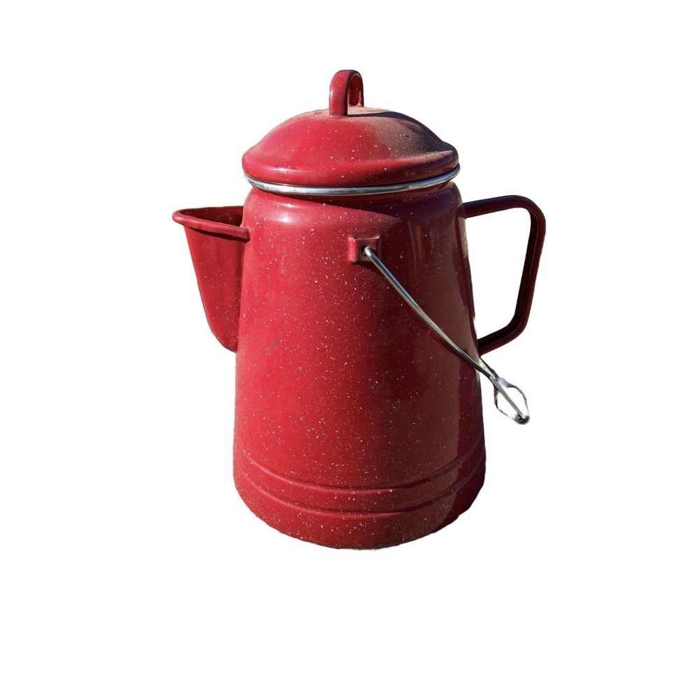 Vintage Campfire Coffee Pot Huge Red Fleck Graniteware Cowboy Camp w/Handle r3s4